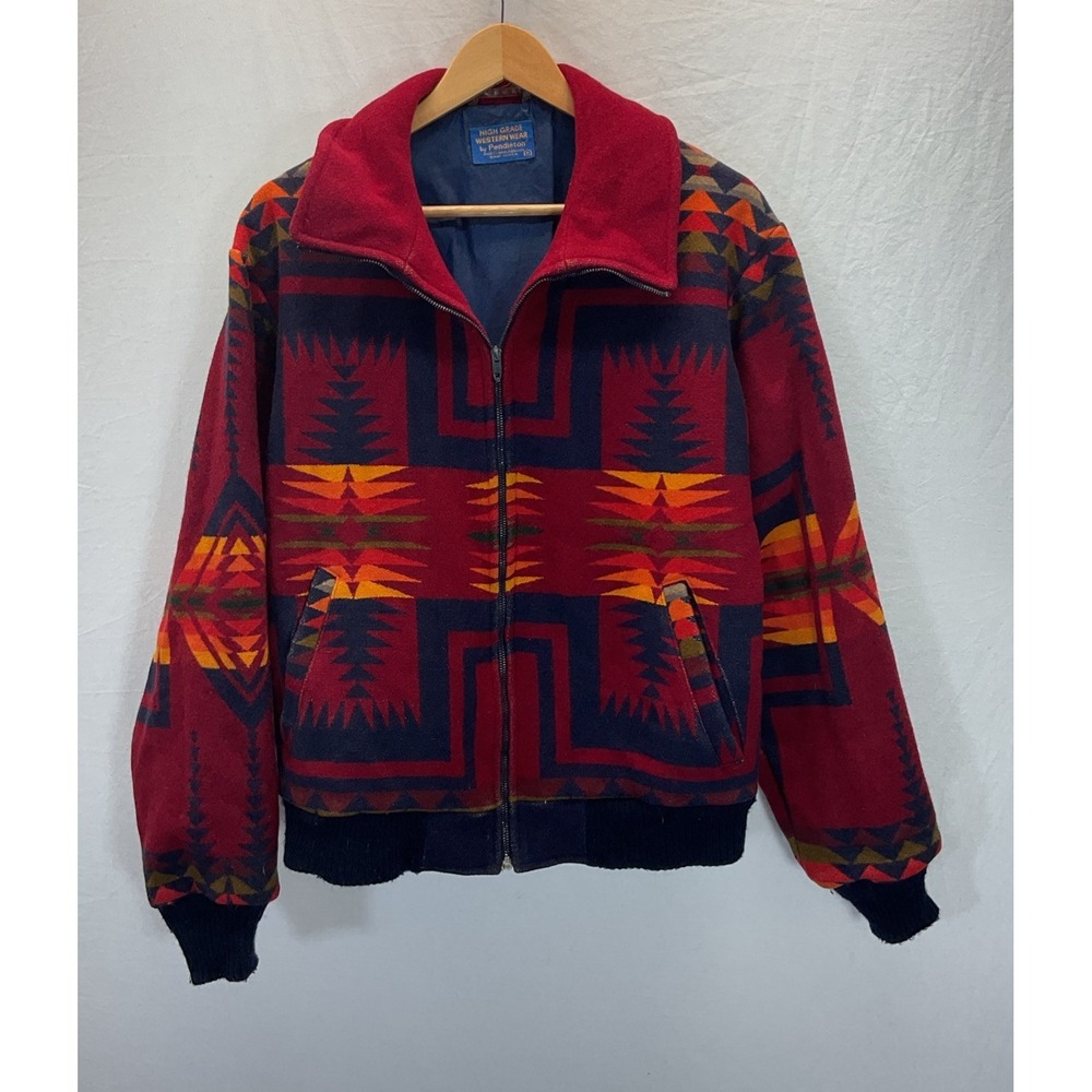 Vtg Pendleton‎ M Red Aztec Wool Jacket Western Southwestern USA Cowboy Colorful